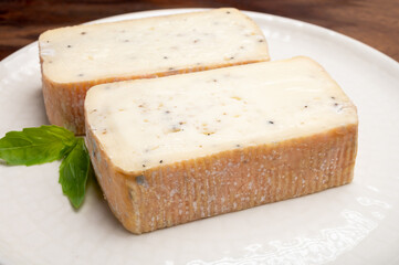 Italian cheese collection, yellow taleggio cheese with black truffles mushrooms
