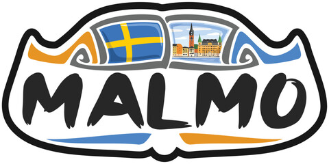 Malmo Sweden Flag Travel Souvenir Sticker Skyline Landmark Logo Badge Stamp Seal Emblem EPS
