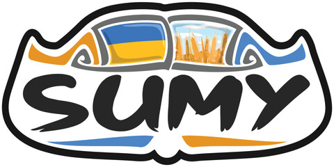 Sumy Ukraine Flag Travel Souvenir Sticker Skyline Landmark Logo Badge Stamp Seal Emblem EPS
