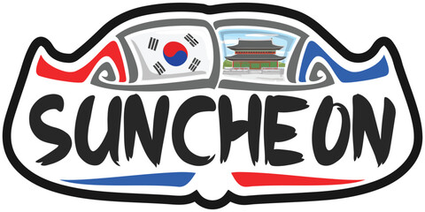 Suncheon South Korea Flag Travel Souvenir Sticker Skyline Landmark Logo Badge Stamp Seal Emblem EPS
