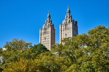 Towering New York City building in Central Park behind lush green trees