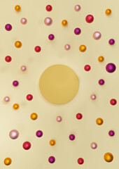 Warm, light, bright, pastel yellow 3D illustration minimal product display Christmas themed colorful decoration Christmas balls falling top view flat lay photography wallpaper with one podium or stand