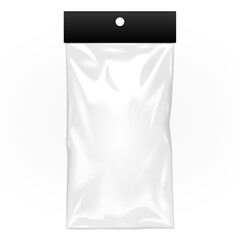 Mockup Black Blank Plastic Pocket Bag With Shadow. Transparent. With Hang Slot. Illustration Isolated On White Background. Mock Up Template Ready For Your Design. Vector EPS10