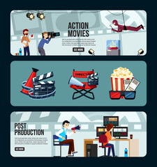 movie production. clapboard camera filming persons. Vector entertainment banners collection