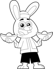 Outlined Funny Bunny Cartoon Characters With Chinese Gold Ingots Year Year Of The Rabbit Zodiac. Vector Hand Drawn Illustration Isolated On Transparent Background