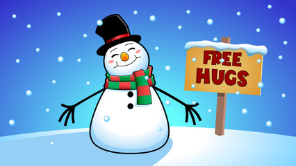 Happy Snowman Cartoon Character With Open Arms For Hugging And Wooden Sign. Vector Hand Drawn With Winter Background