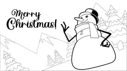 Outlined Snowman Cartoon Character Waving. Vector Hand Drawn Illustration Isolated On White Background