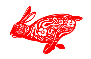 New Year Horoscope Red Rabbits Mascot Decoration With Flowers. Vector Hand Drawn Illustration Isolated On White Background