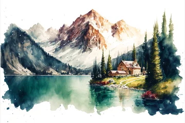 Foto op Canvas illustration of the alps with beautiful lake in front of it, watercolor masterpiece,Generative AI. © Nokhoog