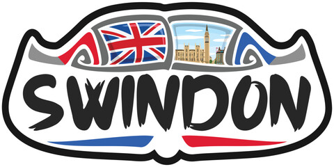 Swindon UK United Kingdom Flag Travel Souvenir Sticker Skyline Landmark Logo Badge Stamp Seal Emblem Coat of Arms Vector Illustration SVG EPS