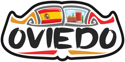 Oviedo Spain Flag Travel Souvenir Sticker Skyline Landmark Logo Badge Stamp Seal Emblem Coat of Arms Vector Illustration SVG EPS