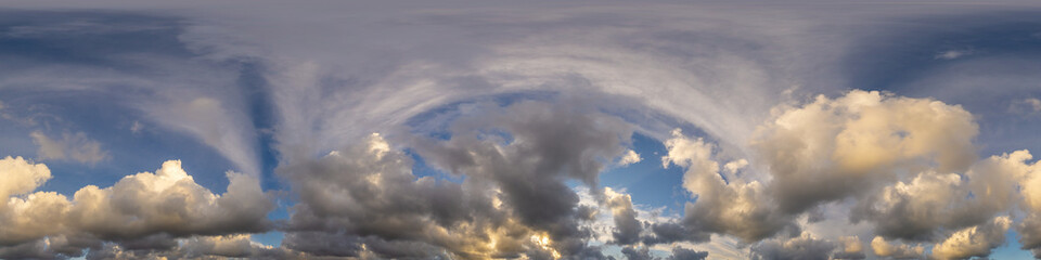 Dramatic sunset sky panorama with Cumulus clouds. Seamless hdr 360 pano in spherical...