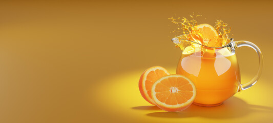 Half of an orange fruit dropped into a glass jug of orange juice making a splash