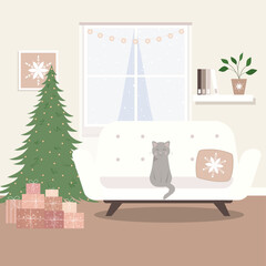 Christmas room interior, decorated living room interior with window winter, tree, cat.