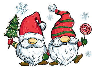 Set Of Merry Christmas With Cute Gnomes Santa Claus Banner Design. Cute Cartoon Illustration