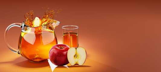 Half of an apple fruit dropped into a glass jug of apple juice making a splash