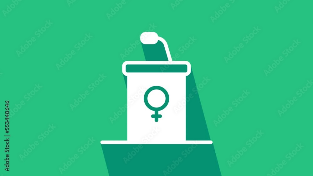 Sticker white stage stand or debate podium rostrum icon isolated on green background. conference speech trib