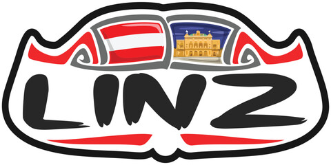 Linz Austria Flag Travel Souvenir Sticker Skyline Landmark Logo Badge Stamp Seal Emblem Coat of Arms Vector Illustration SVG EPS