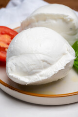 White balls of Italian soft cheese Mozzarella di Bufala Campana served with fresh green basil and red tomato