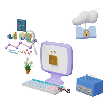 computer with charts graph ,analysis business financial data, unlock, lock, cloud folder, safe box isolated. Online marketing, business strategy concept, 3d illustration, 3d render