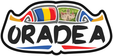 Oradea Romania Flag Travel Souvenir Sticker Skyline Landmark Logo Badge Stamp Seal Emblem Coat of Arms Vector Illustration SVG EPS