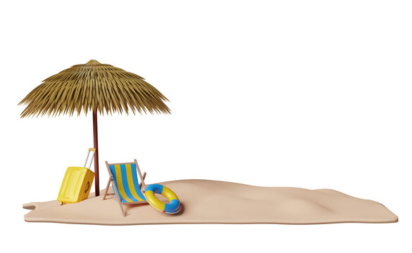 summer travel with suitcase, umbrella, lifebuoy, beach chair, seaside isolated. concept 3d illustration or 3d render