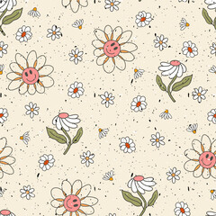 Retro Groovy Happy Daisy Flowers Vector Seamless Pattern