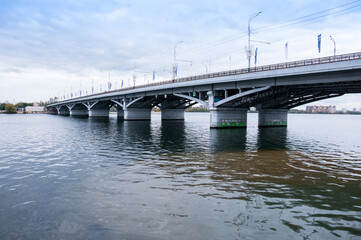 Voronezh, Russia, October 13, 2022: Voronezh Reservoir, Chernavsky Bridge in autumn
