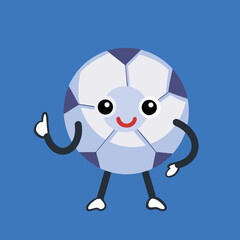 Smiling sport Soccer ball character mascot with facial expression and body gesture. Vector illustration with cartoon comic flat simple art style isolated on plain blue background.