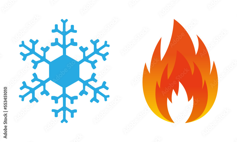 Poster set of icons of heat in the form of fire and cold in the form of a snowflake eps10