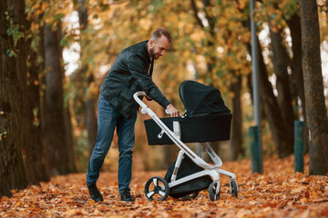 Man with pram is having a walk in the autumn park
