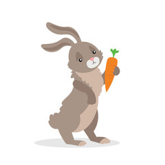 Gray rabbit holding a carrot in its paw
