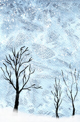 Watercolor winter landscape illustration. Trees silhouettes and beautiful frosty blue sky with snow. Christmas greeting card. Hand-drawn high resolution illustration for posters, postcards, prints
