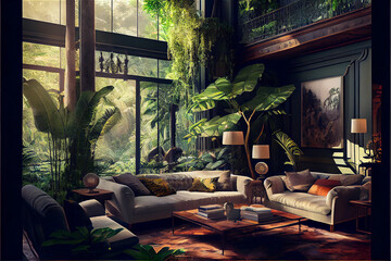 luxurious living room with a jungle theme with exotic plants interior design