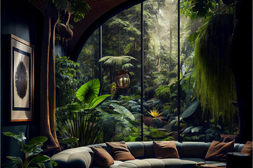luxurious living room with a jungle theme with exotic plants interior design