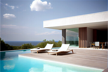 Luxury house exterior with a pair of sunbeds in a deck by the pool