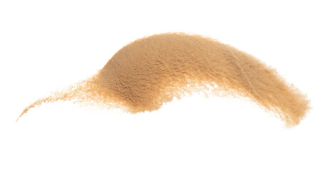 Small size fine Sand flying explosion, Golden grain wave explode. Abstract cloud fly. Yellow colored sand splash silica in Air. White background Isolated high speed shutter, throwing freeze shot