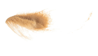 Fototapeta na wymiar Small size fine Sand flying explosion, Golden grain wave explode. Abstract cloud fly. Yellow colored sand splash silica in Air. White background Isolated high speed shutter, throwing freeze shot