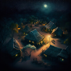 indigenous  village at  night with stars  twinkling in the sky
