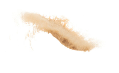 Small size fine Sand flying explosion, Golden grain wave explode. Abstract cloud fly. Yellow colored sand splash silica in Air. White background Isolated high speed shutter, throwing freeze shot