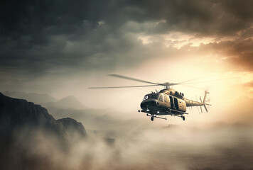 Fototapeta na wymiar sweeping view of a helicopter flying across a hazy sky. Generative AI