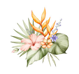 Watercolor bouquet with bright tropical leaves and flowers. Hibiscus, strelitzia, monstera leaf. Jungle floral arrangements. Hand-drawn botany set. Modern tropical isolated elements. © Kate K.
