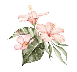 Watercolor bouquet with bright tropical leaves and flowers. Hibiscus, monstera leaf. Jungle floral arrangements. Hand-drawn botany set. Modern tropical isolated elements. © Kate K.