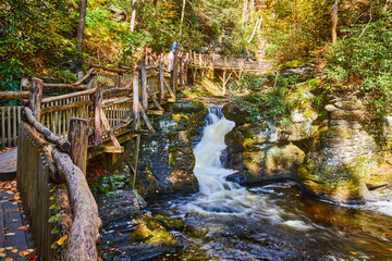 Wood boardwalk with natural railing along gorge with small waterfall in forest
