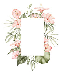 Tropical leaves watercolor frame. Monstera, hibiscus flowers, palm tree and other jungle plants. Floral frame, botanical card for wedding invitation.  - obrazy, fototapety, plakaty