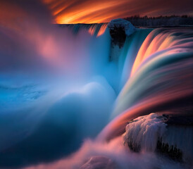 Amazing Niagara falls in winter at sunset with long exposure
