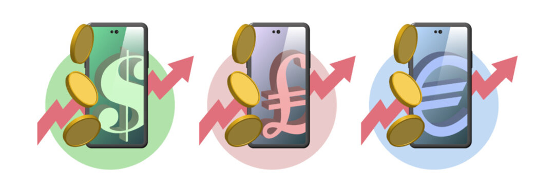 Vector 3d Set Of Financial Icons. Falling Coins, Tokens On The Background Of A Smartphone. Currency Signs, Dollar, Pound Sterling And Euro. Graph Up Arrow. Symbolic Cashback. Online E Commerce.