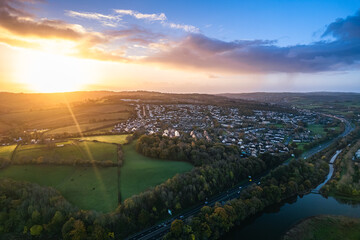 Sunrise over Newton Abbot from a drone, Devon, England, Europe