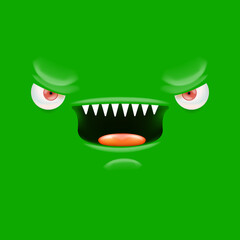 Vector funny angry green monster face with open mouth with fangs and evil eyes isolated on green background. Halloween cute and angry monster design template for poster, banner and tee print
