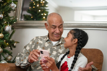 Senior man with granddaughter looking at smart phone at Christmas tree
